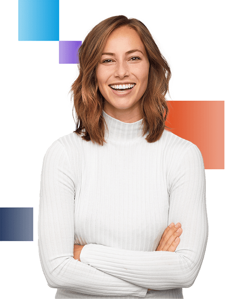 Smiling professional woman in a white turtleneck sweater